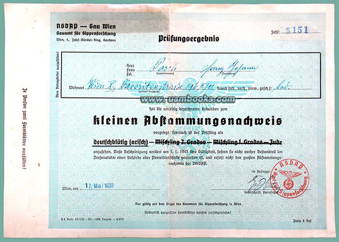 1939 NSDAP Ancestry Certificate