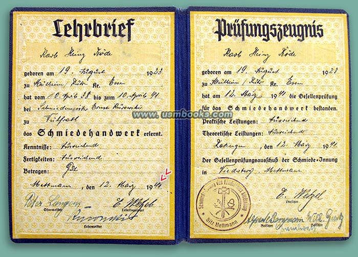 1941 certificate of apprenticeship Karl Heinz Roede