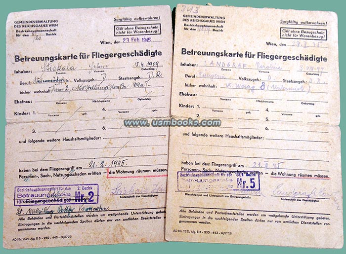 Betreuungskarte fuer Fliegergeschaedigte Wien 1945