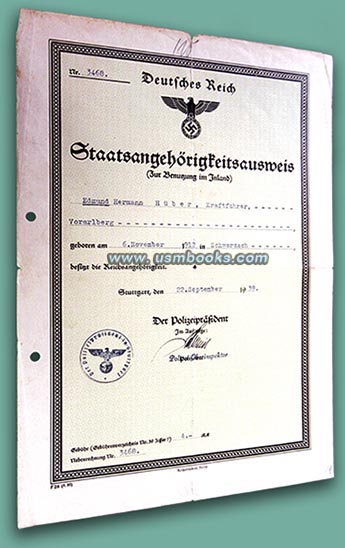 Deutsches Reich Staatsangehoerigkeitsausweis 1939