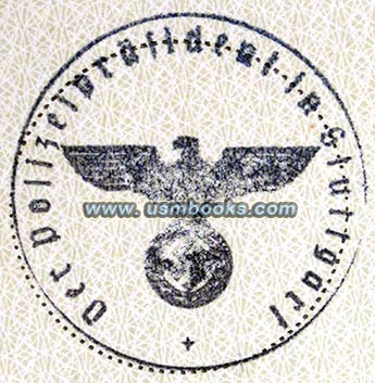 Nazi eagle and swastika stamp Polizeiprsident Stuttgart 1939