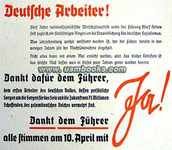 German workers, vote yes for Hitler on 10 April 1938