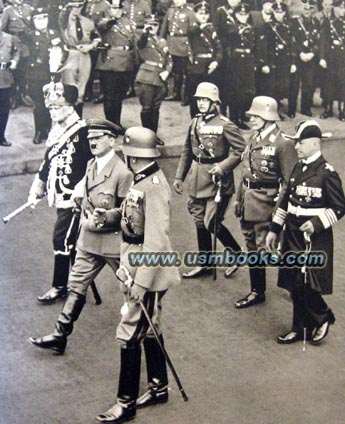 Hitler with Generalfeldmarschall von Mackensen, von Blomberg, General von Fritsch, General der Flieger Göring and Admiral Raeder during the Heldengedenktag ceremony