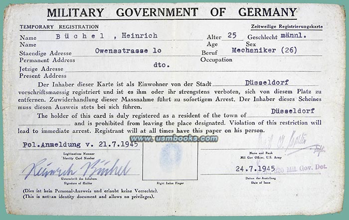1945 Military Government of Germany Temporary Registration