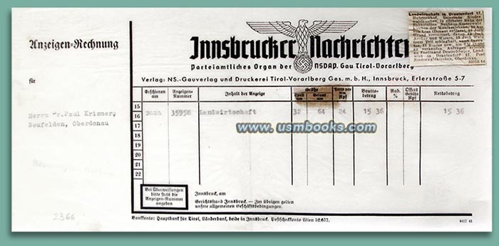 Innsbrucker Nachrichten, Parteiamtliches Organ der NSDAP Gau-Tirol-Vorarlberg
