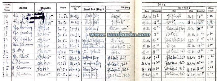 1944 flight entries for flights in Ju52 and Fi156