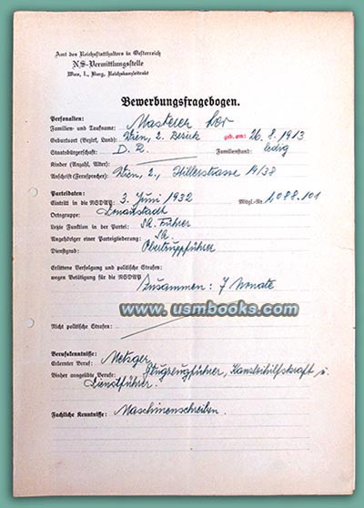1938 Fragebogen der NS-Vermittlungsstelle Wien