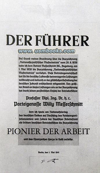 Hitler award for Professor Messerschmitt