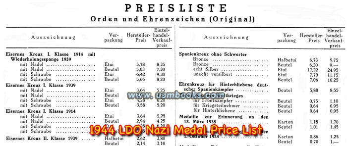 LDO price list for medals and decorations as of 02 August 1944
