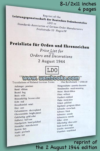 3. Reich Preisliste für Orden und Ehrenzeichen or Price List for Orders and Decorations