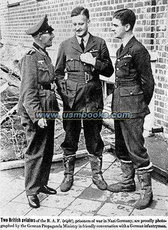 a German Infantry NCO with two British RAF prisoners of war in friendly conversation, as photographed by the Nazi Propaganda Ministry