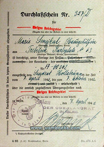 1942 Durschlaschein Marie Smejkal, Iglau