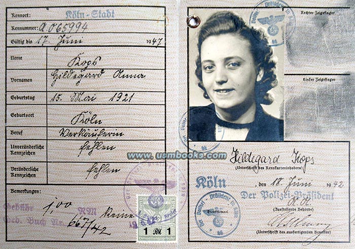1942 Nazi Kennkarte Hilde Kops Cologne