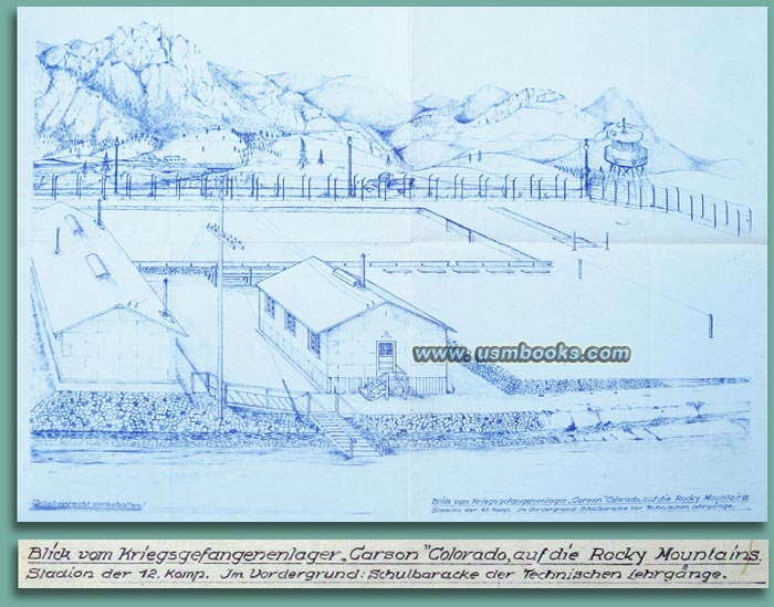 an excellent hand drawn 14-1/2 x 19 inch architect/engineering type drawing of a view of the Rocky Mountains and showing Kriegsgefangenenlager “Carson” Colorado in the foreground