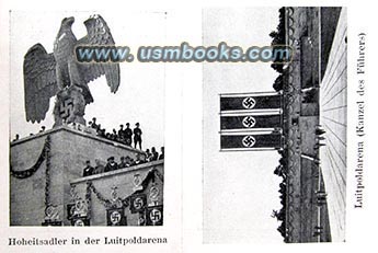 Nazi swastika banners, eagle and swastika statue