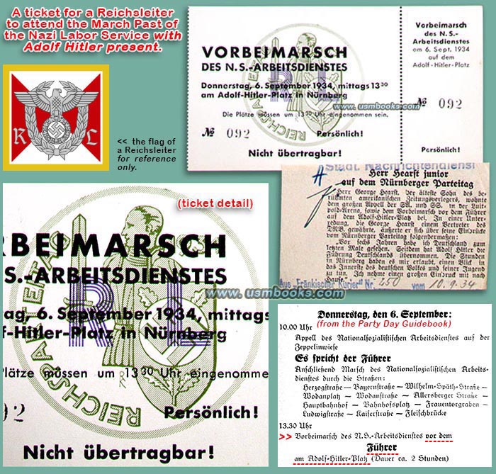 1934 Reichsparteitag RAD parade ticket for a Nazi Party Reichsleiter