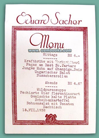 1938 Sacher Hotel menue