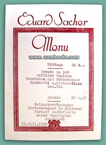 1938 Sacher Hotel Vienna menu