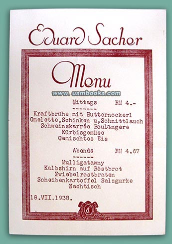 Sacher Hotel menu18 July 1938