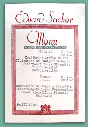 Sacher Hotel menu 29 March 1938