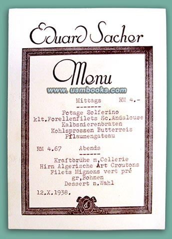 Sacher Hotel Vienna menu 12 October 1938