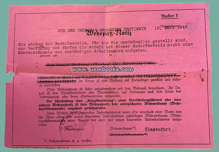 Wehrpass-Notiz 1943