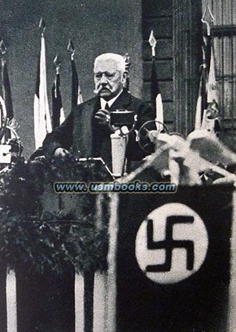President von Hindenburg, Nazi swastika podium banner