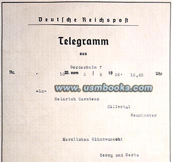 August 1936 Nazi telegram Olympics