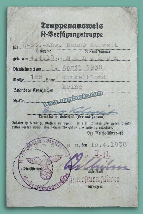 Truppenausweis der SS-Verfügungstruppe for SS-St. Anwärter Konrad Höhne