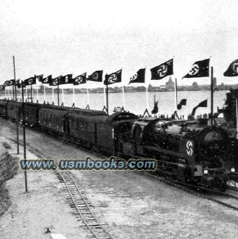 Deutsche Reichsbahn trains with swastika flags