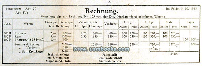 1943 bill for wine, rum and stationary to Panzerjger Ersatz Abteilung 20 at the front