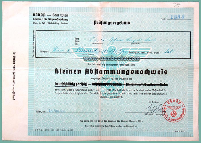 1939 NSDAP Ancestry Certificate Johann Leopold Pasch Wien