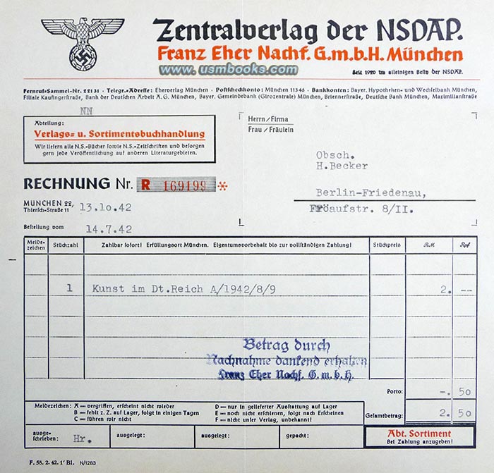 1942 invoice Central Publishing House of the Nazi Party, Munich 