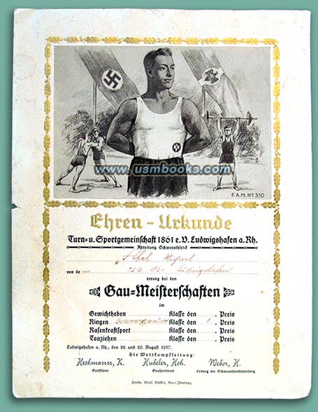 Ehren-Urkunde Gau Meisterschaften 1937, Turn- und Sportgemeinschaft 1861 eV Ludwigshafen