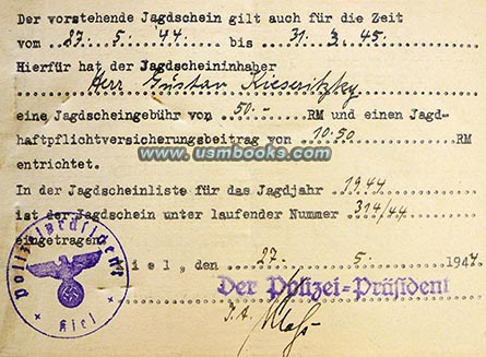 Nazi Domestic Hunting License extension 1944-45