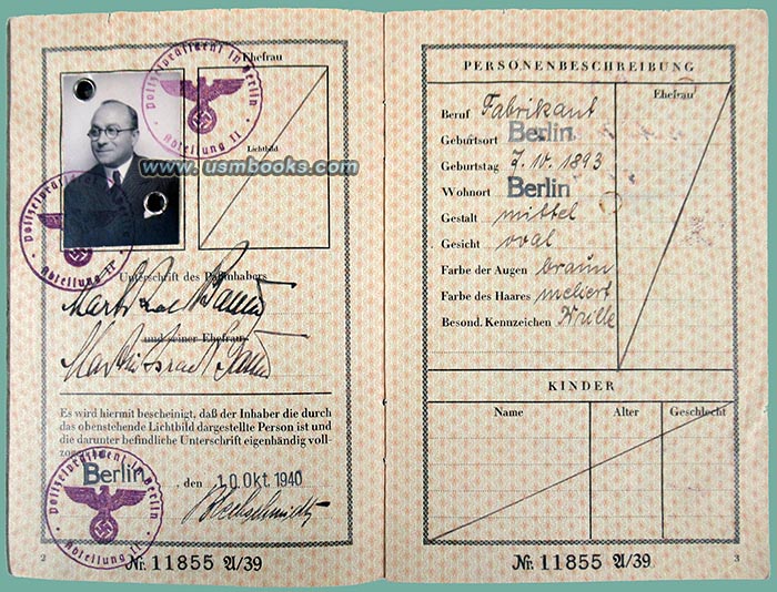 1940 Nazi J marked passport Martin Israel Baum