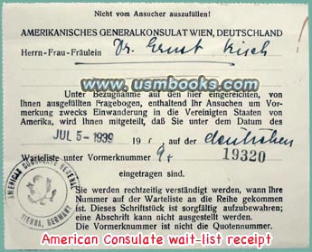 Emigration Wait-List receipt from the American Consulate in Wien, Germany dated 5 July 1939