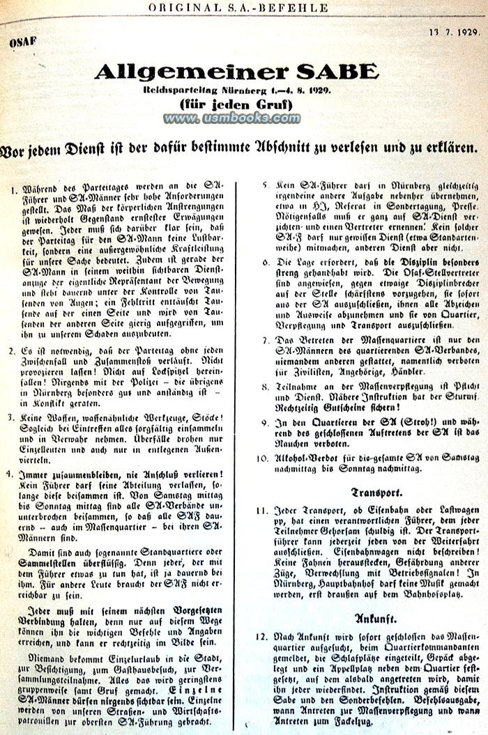 SA Befehl for August 1929 Reichsparteitag in Nrnberg