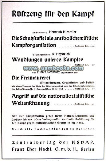 advertising for books written by Reichsfhrer-SS Heinrich Himmler, SS-Gruppenfhrer Reinhard Heydrich, Dieter Schwarz