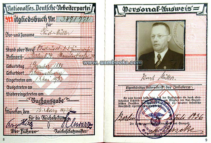 NSDAP Personal-Ausweis, Kurt Mueller, Ortsgruppe Weberwiese Gau Gross-Berlin