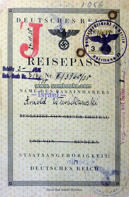Nazi J marked passport, 1938 Reisepass Arnold Warschawski