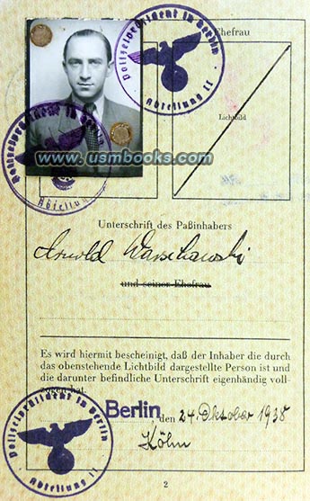 1938 J-marked passport Arnold Warschawski