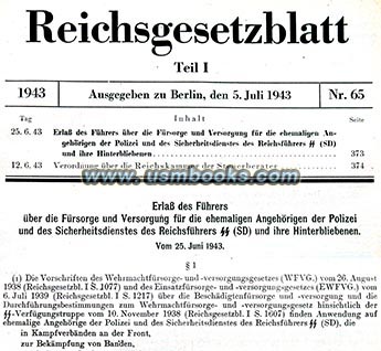 Hitler decree re: social services for former members of the Police, SS, SD and their surviving dependents