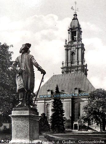 Garnison Church in the center of Potsdam with a statue of Frederick the Great