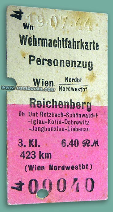 1944 Wehrmachtfahrkarte Wien - Reichenberg